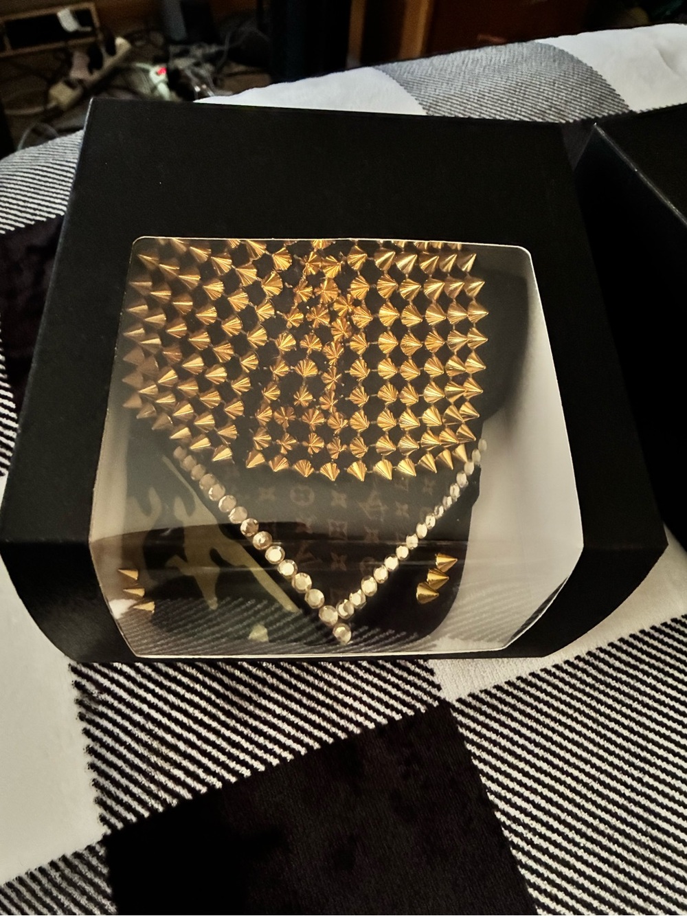 Gold-Stud Embellished Black Women's Hat with RhinestoneV-Detail